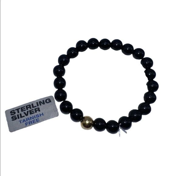 AQUA Sterling Silver & Black Onyx Bead Stretch Bracelet Bloomingdales NWT - Picture 3 of 4